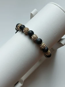 Bransoletka pleciona kulka czarny mat pozłocenie cyrkonia