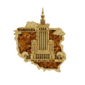 Magnes Warszawa Pałac Kultury i Nauki z bursztynem na prezent pamiątka